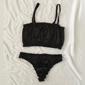 BP Black satin lingerie set with ruffled trim